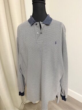 Vintage Polo Ralph Lauren Long-Sleeve Striped Polo Shirt - Navy/White